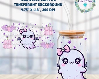 Creepy Cute Preppy Pastel Goth 16oz Glass Can | Pink PNG | Ghost Bat Sublimation | Bats And Pumpkins Digital Download | Kawaii DTF