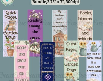 May include: A collection of whimsical bookmarks with a witchy and garden theme. Each bookmark features unique designs, including stacks of books, flowers, and inspirational quotes. The bookmarks measure 2.75" x 7".