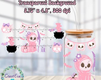 Creepy Cute Pastel Goth 16oz Glass Can | Pink PNG | Grim Reaper Sublimation | Skulls Bat & Spider Web Digital Download | Kawaii DTF