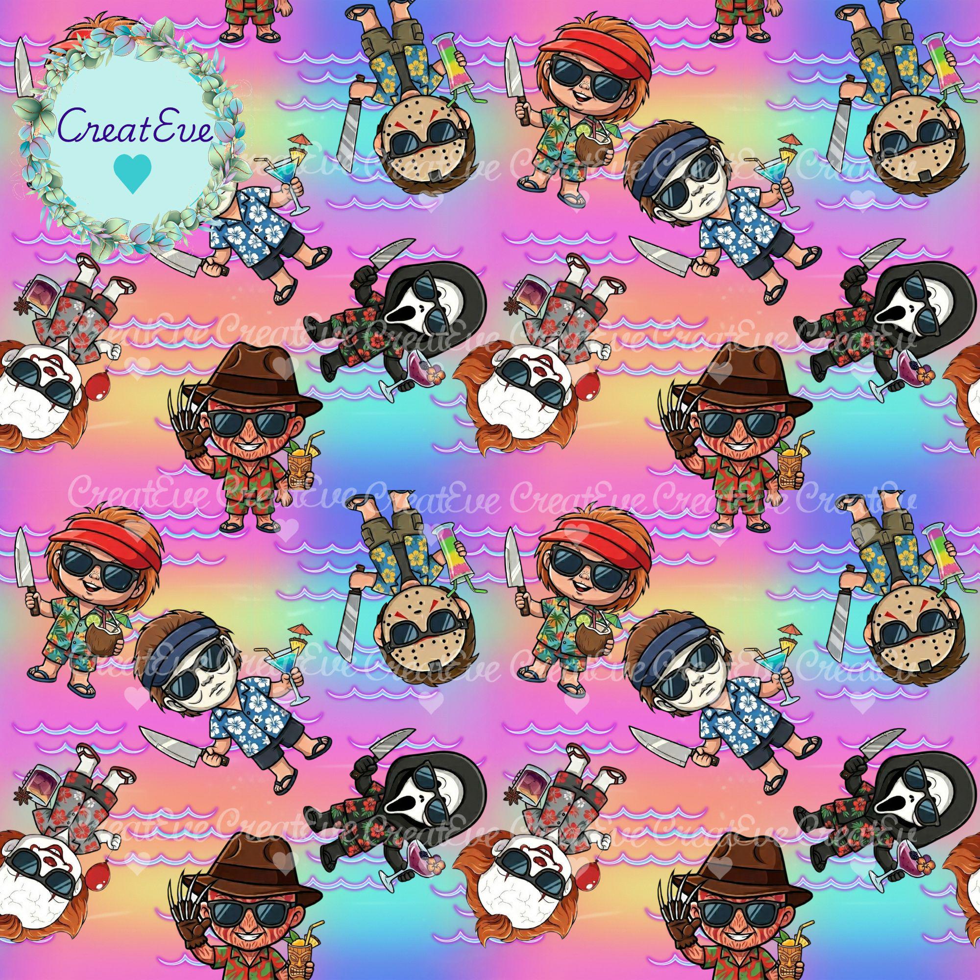 Seamless Horror Summer Pattern PNG | Cute Slasher Characters Tropical ...