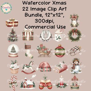 May include: A collection of 22 watercolour Christmas clip art images, including festive items like a Christmas tree, gifts, and ornaments. The images are 30.48cm x 30.48cm and suitable for commercial use.