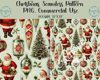 May include: A festive Christmas pattern with Santa Claus, Christmas trees, and baubles in red, green, and gold. The text "Christmas Seamless Pattern PNG, Commercial Use 300DPI, 12"X12"" is displayed. The design is on a light green background.