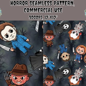 May include: A seamless pattern featuring cartoon illustrations of horror movie characters like Michael Myers, Freddy Krueger, and Chucky. The design includes a dark background with silhouettes of trees and the text "HORROR SEAMLESS PATTERN, COMMERCIAL USE, 300DPI, 12"X12".
