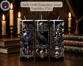 Gothic Skinny Tumbler Wrap PNG | Dark Feminine 20oz Sublimation | Witchy Celestial Moon Roses & Raven Seamless Wrap | Clipart PNG