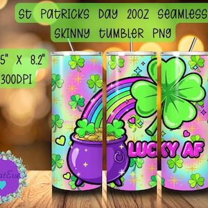 Neon Y2k Lucky AF St. Patricks Day 20oz Seamless SkinnyTumbler PNG | Regenbogen Topf mit Gold vierblättriges Kleeblatt Sublimation