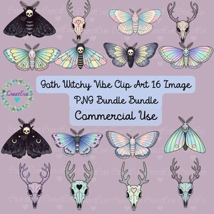 Witchcore 16 Image Clipart Bundle: Goth Moth and Skulls PNG Digital Download, Commercial Use, Halloween Sublimation