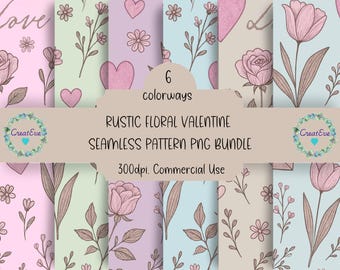 Rustikt blommigt och hjärtans sömlöst mönster i PNG-format | Digitalt papper | Vintage design DTF | Boho sublimering | Kommersiellt bruk