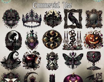 May include: A collection of 20 gothic-themed digital images. The images include a skull, crown, raven, haunted house, witch, potion bottle, moon phases, candles, jack-o'-lantern, apple, hourglass, butterfly, chalice, envelope, crescent moon, and pumpkin. The text reads "100 Goth Glam Image Bundle Commercial Use."