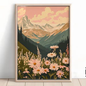 Mountain Daisy Wildflower Art Print | Sunset Orange Tones, Pink Floral Landscape, Digital Download, JPG Decor