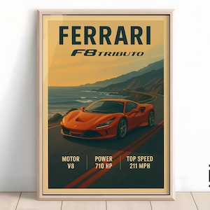 Ferrari F8 Tributo Poster - Minimalist Supercar Art Print, Classic Ferrari Wall Decor, Gift for Car Fans & Collectors