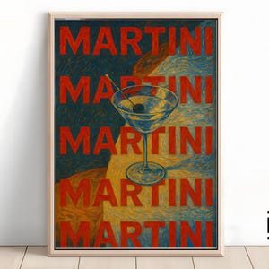 Póster de cóctel con impresión de martini / Arte retro con alcohol / Arte minimalista para pared con carrito de bar / Descarga digital moderna para galería de pared