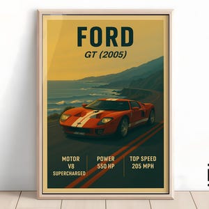 Ford GT (2005) Poster – Minimalist Supercar Art Print, Classic Ford Wall Decor, Gift for Car Fans & Collectors