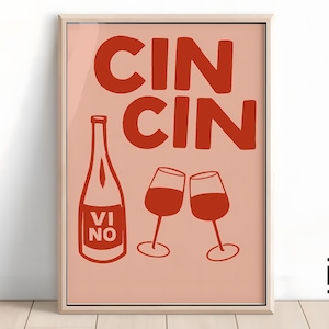 Cin Cin ワインポスター – レトロなバーカートのウォールアート、ピンクと赤のアルコールプリント、キッチンやホームバー用の楽しいワイン装飾デジタルダウンロード
