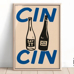 Cin Cin ワイン プリント | バーカート用レトロ アルコール ポスター | ピンク & 赤 ウォール アート | ドリンク デコレーション | デジタル ダウンロード