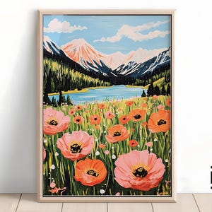 Spring Summer Mountain Wildflower Art Print | Bright Floral Pink Orange Landscape JPG Digital Download