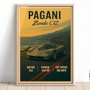 Pagani Zonda C12 Poster - Minimalist Supercar Art Print, Classic Pagani Wall Decor, Gift for Car Fans & Collectors