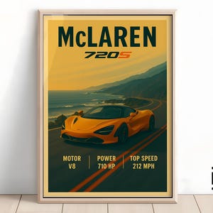 McLaren 720S poster: minimalistische supercar-kunstdruk, klassiek McLaren-muurdecoratie, cadeau voor autofans en verzamelaars