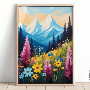 Floral Mountain Lake Art Print | Spring Summer Landscape JPG Digital Download | Nature Wall Decor % Home Decor Ideas
