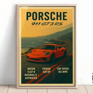 Porsche 911 GT3 RS Poster - Minimalist Supercar Art Print, Classic Porsche Wall Decor, Gift for Car Fans & Collectors