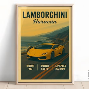 Lamborghini Huracan Poster - Minimalist Supercar Art Print, Classic Lamborghini Wall Decor, Gift for Car Fans & Collectors