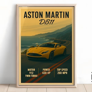 Aston Martin DB11 Poster – Minimalist Supercar Art Print, Classic Aston Martin Wall Decor, Gift for Car Fans & Collectors