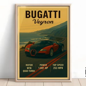 Bugatti Veyron Poster – Minimalist Supercar Art Print, Classic Bugatti Wall Decor, Gift for Car Fans & Collectors