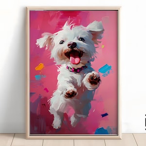 Happy White Dog Oil Painting | Cute Maltese Portrait | Pink & Blue Colors | Dog Lover Gift | Detailed Brush Strokes Art