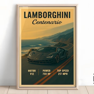 Lamborghini Centenario Vintage Poster – Minimalist Supercar Art Print, Classic Lambo Wall Decor, Gift for Car Fans & Collectors