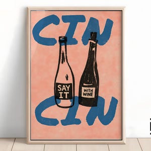 Cin Cin ヴィンテージ ワイン ポスター – バー カート用ブルー アルコール プリント、レトロな壁アート、楽しいワイン デコレーション、自宅やキッチン バー用デジタル ダウンロード