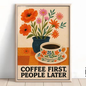 Coffee First Retro Wall Art | Pobieralny wydruk Coffee Cart | Modny wystrój dla miłośników kawy | Plakat ścienny Maximalist
