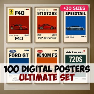 Set mit 100 beliebtesten Auto-Postern | Digital Download Geschenk für Auto Fans | Coole Racing Wandkunst, Sportwagen Poster & Retro Supersportwagen