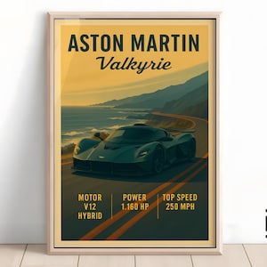 Affiche Aston Martin Valkyrie - Impression d&#39;art minimaliste de supercar, décoration murale Aston Martin classique, cadeau pour les fans de voitures et les collectionneurs