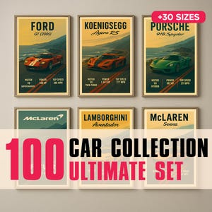 Colección de 100 pósteres de coches legendarios / Descarga digital para entusiastas de los coches / Láminas de superdeportivos y carreras vintage