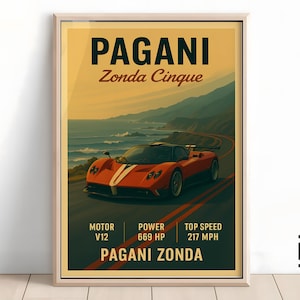 Pagani Zonda Cinque Poster - Minimalist Supercar Art Print, Classic Pagani Wall Decor, Gift for Car Fans & Collectors