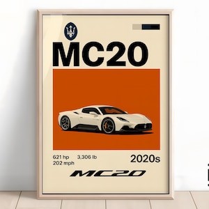 Maserati MC20 Poster - Supercar Wall Art for Car Enthusiasts, Automotive Decor Gift for Maserati Fans and Lovers