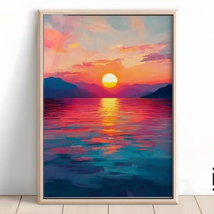 Pastel Sunrise Over the Sea – Impressionist Ocean Landscape Print, Soft Colors & Island View Wall Art for Bedroom or Office