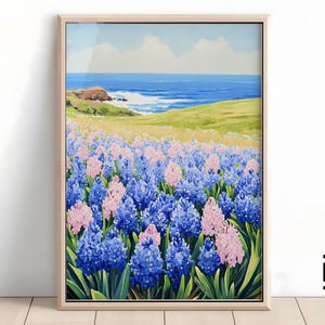 Impresión de paisaje de flores silvestres de jacinto brillante / Arte de campo de flores azul, rosa y morado / Paisaje de pradera / Descarga digital / Decoración de pared imprimible