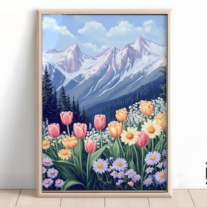 Bright Summer Wildflower Art Print | Colorful Mountain Landscape, Floral Botanical Printable, JPG Digital Download