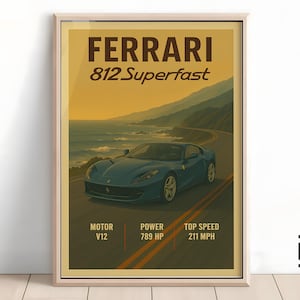 Ferrari 812 Superfast Poster - Minimalist Supercar Art Print, Classic Ferrari Wall Decor, Gift for Car Fans & Collectors
