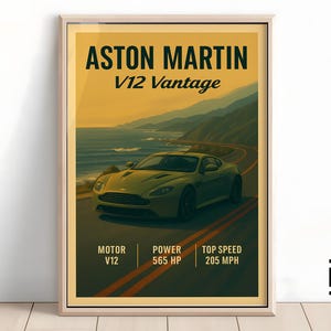 Affiche Aston Martin V12 Vantage - Impression d&#39;art minimaliste de supercar, décoration murale Aston Martin classique, cadeau pour les fans de voitures et les collectionneurs