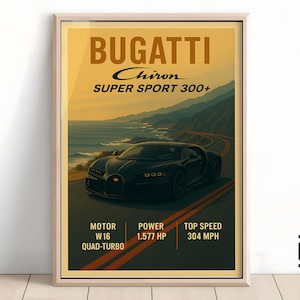 Bugatti Chiron Vintage Poster – Minimalist Supercar Art Print, Classic Bugatti Wall Decor, Gift for Car Fans & Collectors