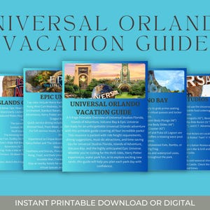 May include: A digital Universal Orlando Vacation Guide with a blue background. The guide features a cover with park images and text, including "Universal Orlando Vacation Guide." The guide covers Universal Studios Florida, Islands of Adventure, Volcano Bay, and Epic Universe.