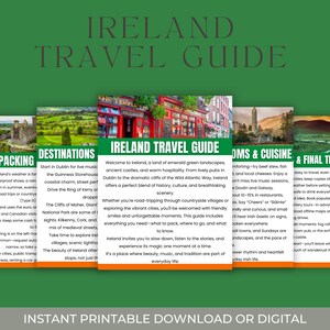 May include: A green travel guide titled "Ireland Travel Guide" with images of Irish landscapes and attractions. The guide includes sections on packing, destinations, food, and tips, with the text "Instant Printable Download or Digital" at the bottom.