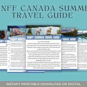 May include: A teal-colored travel guide titled "Banff Canada Summer Travel Guide" with images of Banff National Park. The guide includes information on summer driving tips and other travel advice. The text "Instant Printable Download or Digital" is at the bottom.