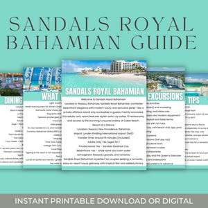 Puede incluir: Una guía digital de color turquesa titulada "Sandals Royal Bahamian Guide". La guía presenta información sobre restaurantes, actividades, excursiones y consejos para un resort de lujo en Nassau, Bahamas. Descarga instantánea.
