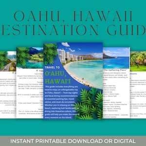 May include: A teal background with the words "OAHU, HAWAII DESTINATION GUIDE" in white and dark teal. The image features a travel guide with the text "TRAVEL TO O'AHU, HAWAII" and images of beaches and landscapes.
