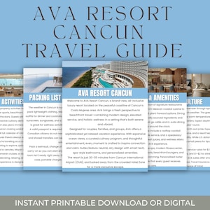 May include: A digital travel guide for AVA Resort Cancun, featuring sections on activities, packing lists, and amenities. The guide is set against a light blue background and includes images of the resort and its surroundings. Text includes resort details.