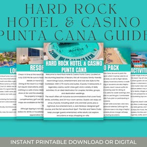 May include: A teal-colored guide for the Hard Rock Hotel & Casino Punta Cana. The guide features images of the resort, pools, and activities. Text includes resort information and details about the all-inclusive amenities.