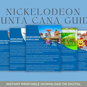 Könnte beinhalten: Ein Werbeführer für Nickelodeon Punta Cana, mit blauem Hintergrund und mehreren Tafeln mit Informationen über das Resort. Die Tafeln enthalten Bilder von Wasserparks, Charakteren und Text. Der Leitfaden ist als sofortiger druckbarer Download oder digitales Format erhältlich.