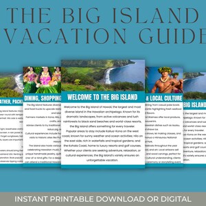 May include: A teal-colored digital download titled "The Big Island Vacation Guide." The guide features images of Hawaiian landscapes, cultural events, and local cuisine. Text includes "Welcome to the Big Island" and "Instant Printable Download or Digital."